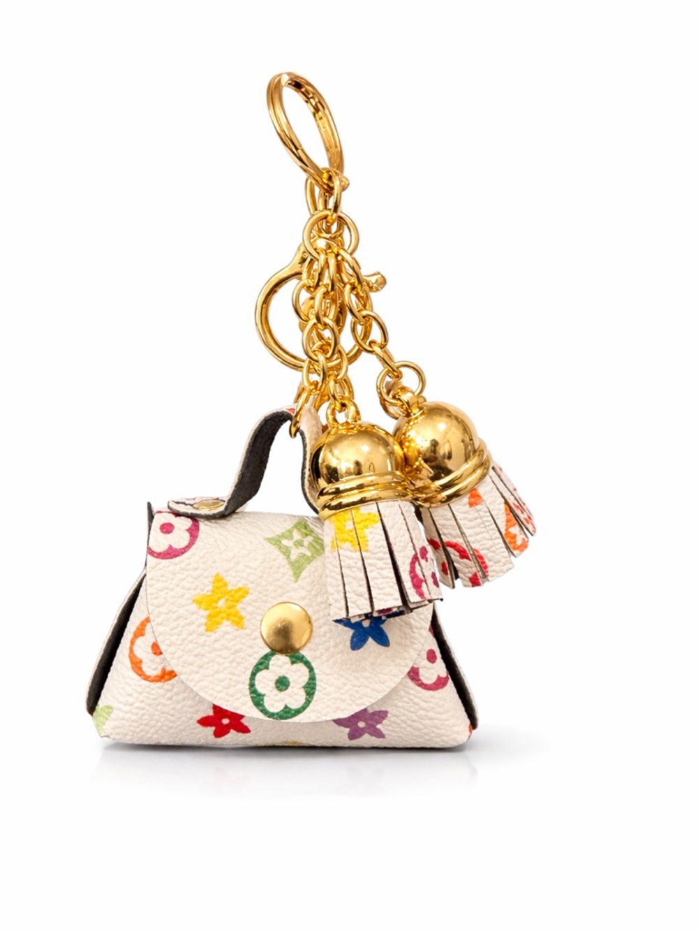 Mini Purse Keychain Charm White Colorful Print Gold Hardware Tassel